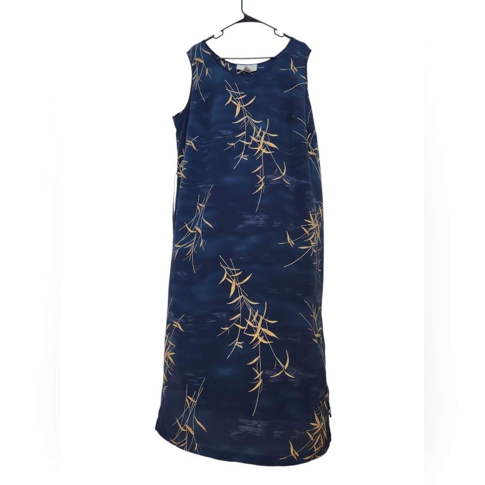 Maggie McNaughton Navy Blue Midi Dress Gold Print Sleeveless Size 2X Slit